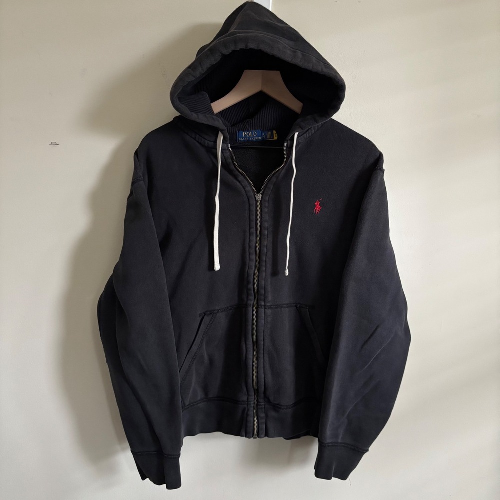 Polo Ralph Lauren Mens Full Zip Hoodie Black Red Pony Logo Size Large